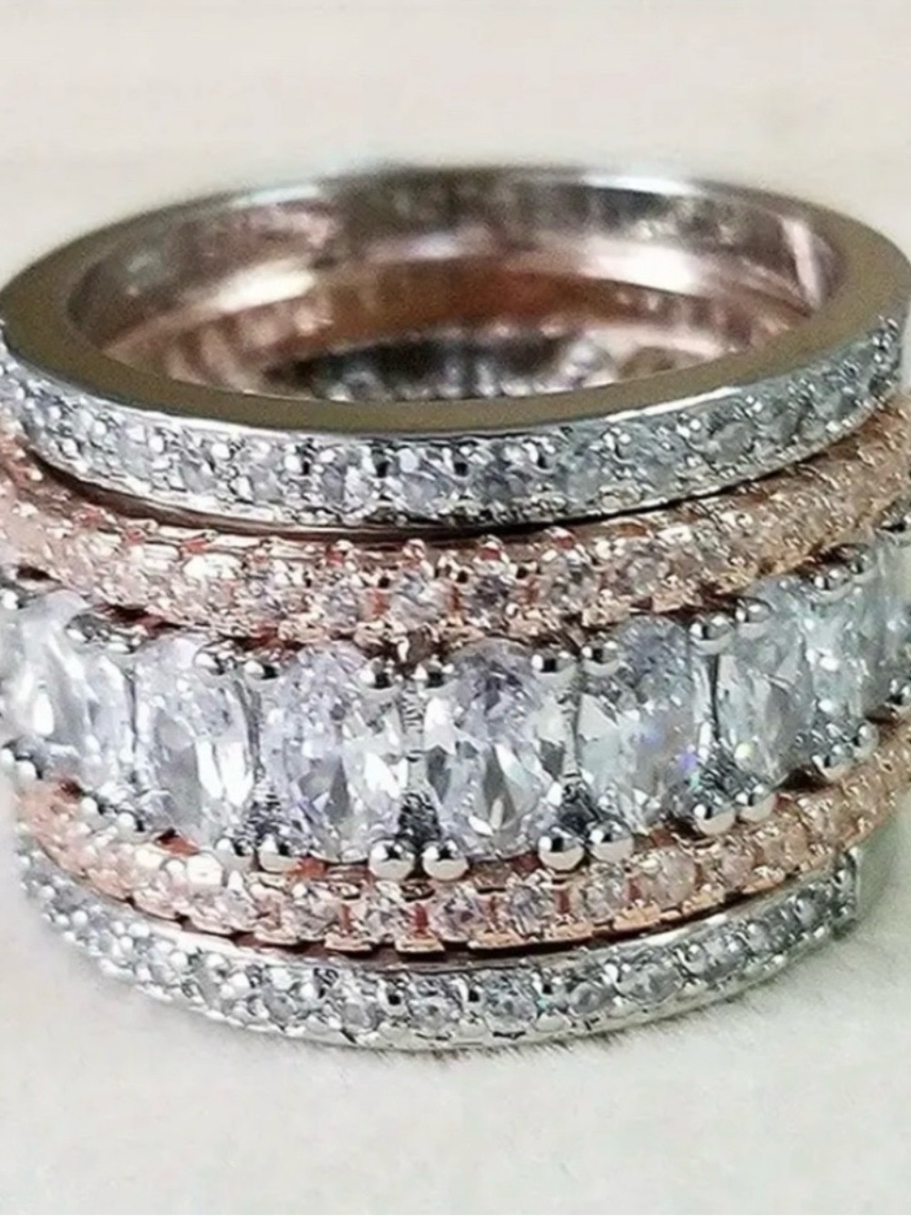 Luxurious Silver and Rose Gold Wide Band Gemstone Ring size 8